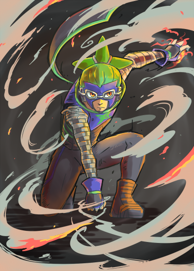 1boy arms_(game) chain fire full_body gloves green_hair hitohito kneeling mask ninjara_(arms) nintendo orange_eyes ponytail smoke squatting superhero_landing