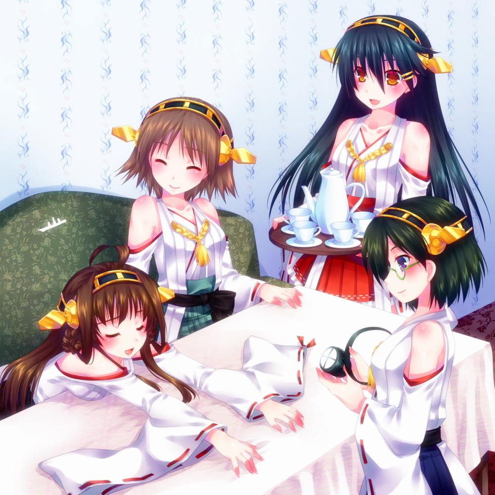 10s 4girls ahoge bad_id bad_pixiv_id black_hair blue_eyes brown_hair couch cup detached_sleeves door_to_heaven closed_eyes glasses green-framed_eyewear green_upholstery hairband haruna_(kancolle) hiei_(kancolle) japanese_clothes kantai_collection kirishima_(kancolle) kongou_(kancolle) multiple_girls nontraditional_miko open_mouth orange_eyes patterned_upholstery searchlight semi-rimless_eyewear siblings sisters smile table teacup teapot wide_sleeves