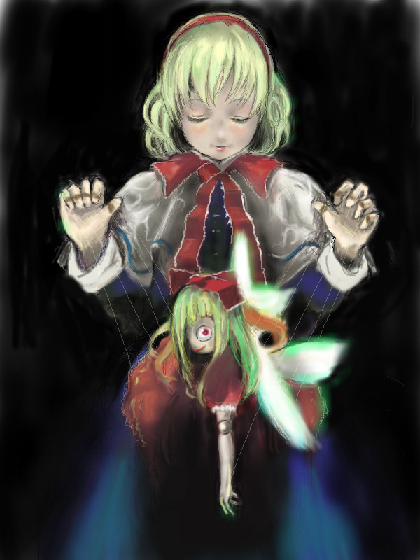 1girl :d alice_margatroid blonde_hair blue_dress bow bowtie capelet closed_eyes doll dress fairy_wings female_focus long_sleeves open_mouth puppet red_bow red_bowtie red_dress ryu_(gaquarium) shanghai_doll short_hair smile solo touhou wings