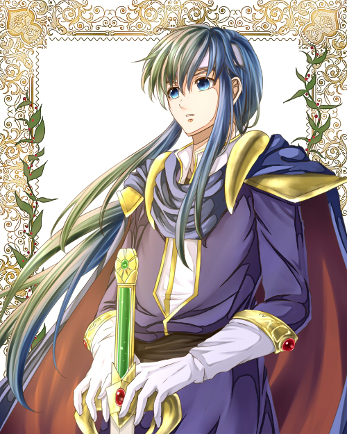 1boy armor belt blue_eyes blue_hair blue_tunic border cape delsaber fire_emblem fire_emblem:_genealogy_of_the_holy_war gloves headband holding holding_sword holding_weapon long_hair nintendo ornate_border planted planted_sword planted_weapon seliph_(fire_emblem) shoulder_armor sidelocks solo sword tunic weapon white_background white_headband