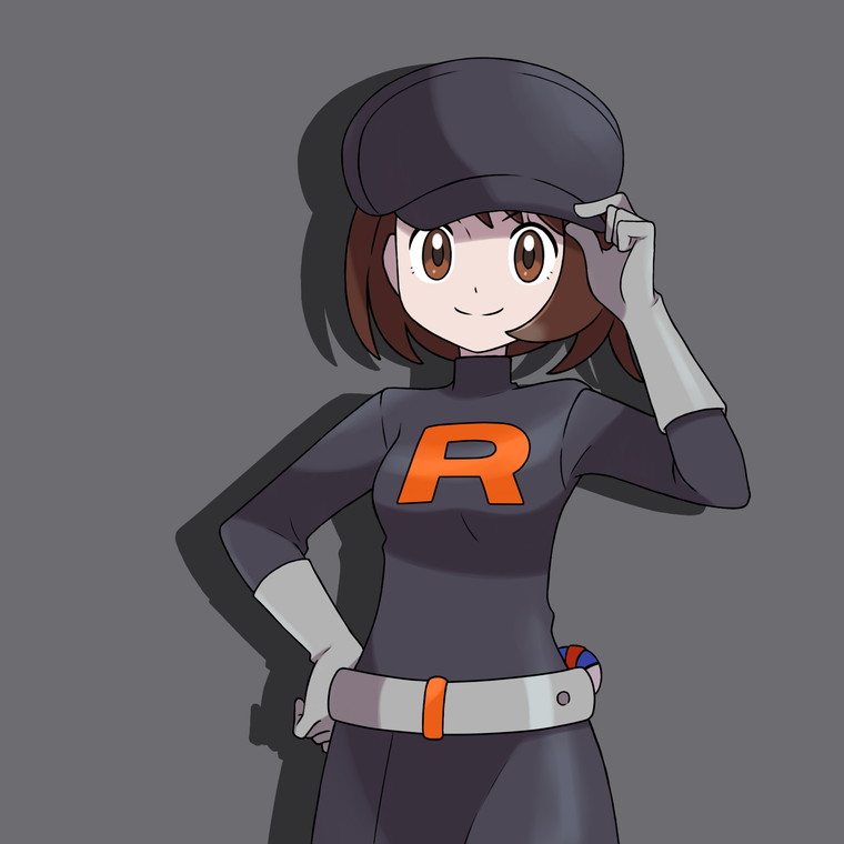 1girl asatsuki_(fgfff) belt black_hat black_jacket brown_eyes brown_hair closed_mouth cosplay gloria_(pokemon) gloves great_ball grey_background grey_belt grey_gloves hand_on_own_hip hat jacket logo looking_at_viewer nintendo poke_ball pokemon pokemon_hgss short_hair simple_background smile solo split_mouth team_rocket team_rocket_grunt team_rocket_grunt_(cosplay) team_rocket_uniform turtleneck turtleneck_jacket