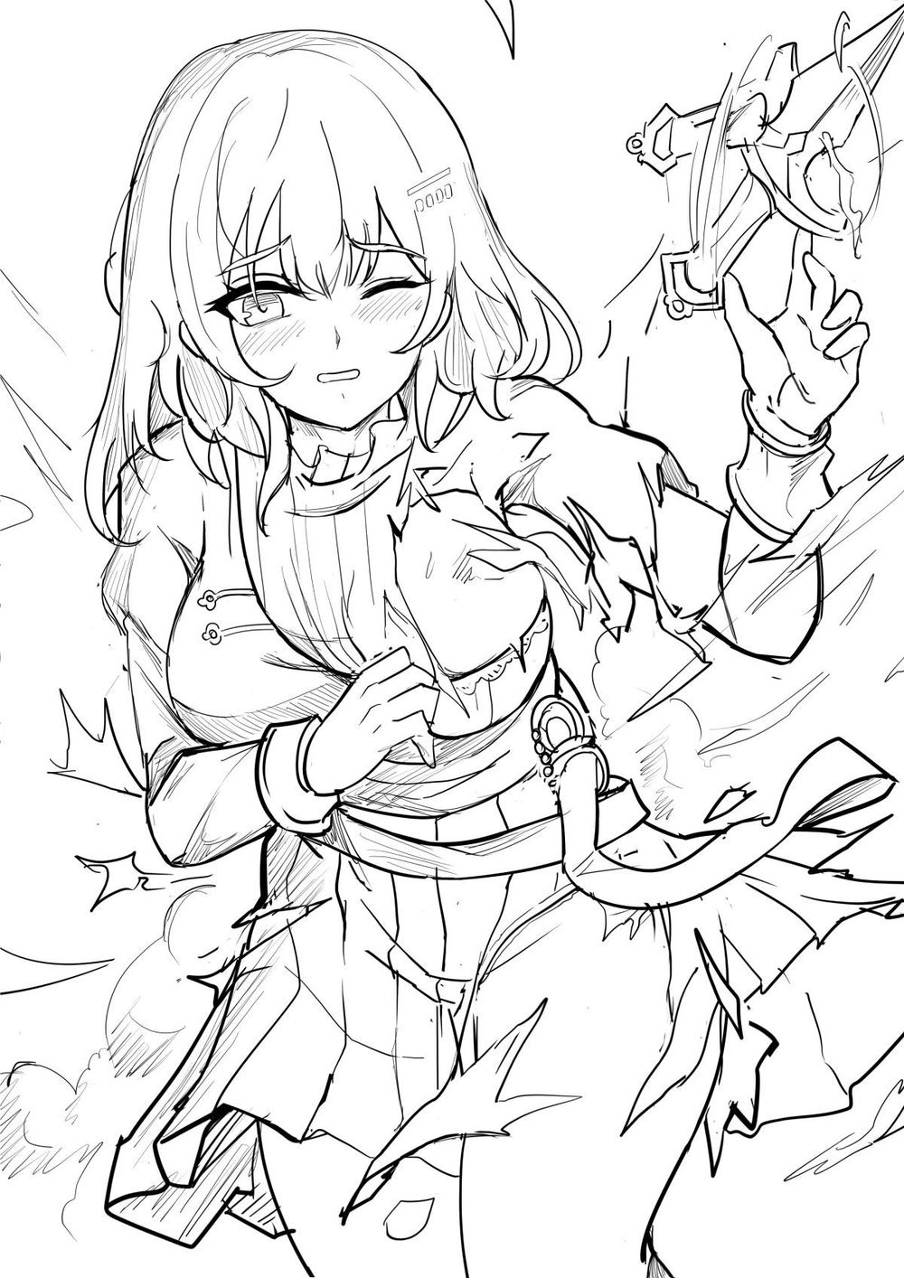 1girl blush breasts brown_dust_(series) brown_dust_2 dagger dress eyebrows_hidden_by_hair floating floating_object floating_weapon gloves greyscale grimace groin hair_between_eyes hair_ornament hairclip highres knife large_breasts looking_at_viewer medium_hair monochrome one_eye_closed open_mouth scheherazade_(brown_dust) scheherazade_(the_lapis_witch)_(brown_dust) scratches simple_background sketch smoke solo torn_clothes weapon white_background yougenko