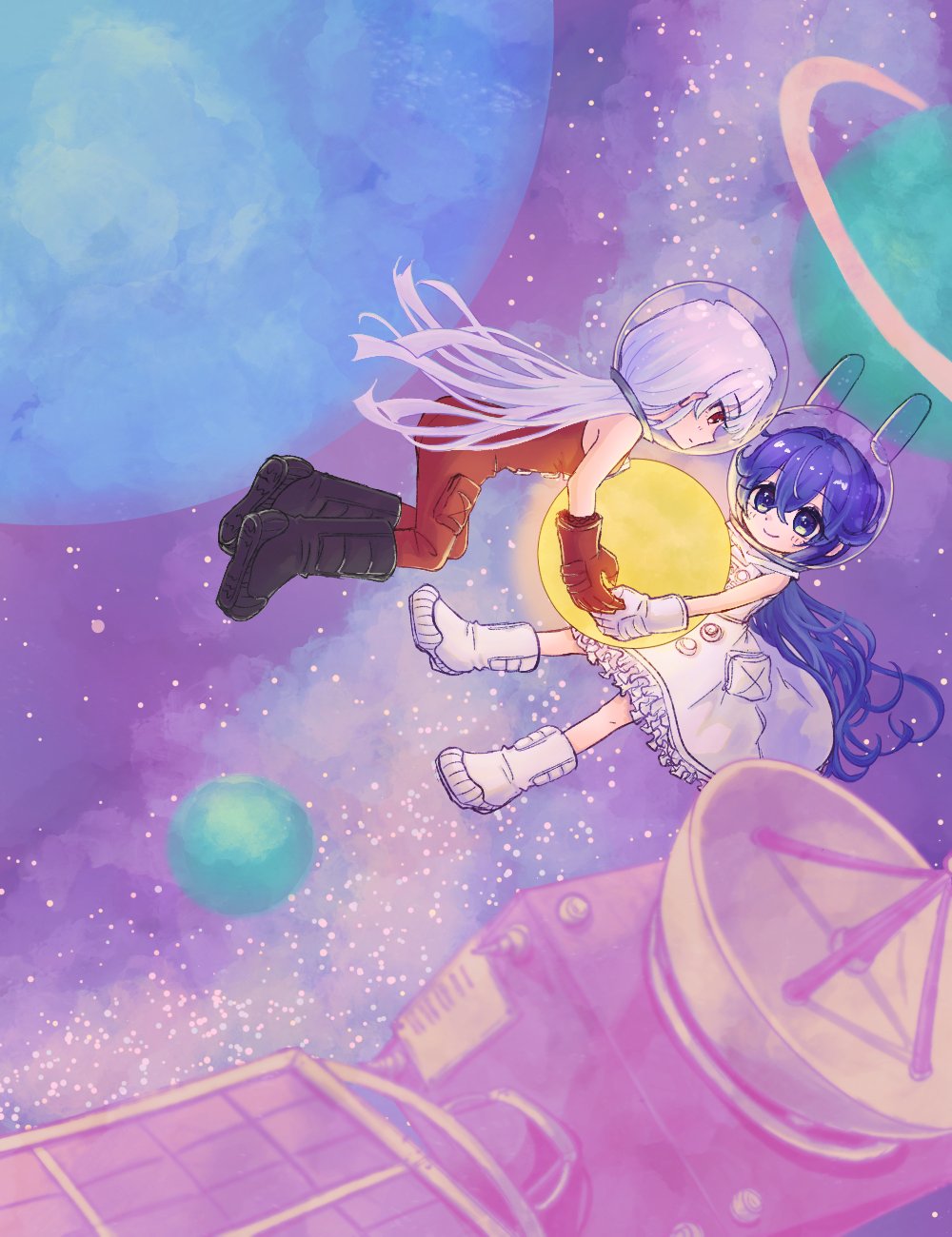 2girls ball dress eiai_nano helmet highres holding holding_ball kimi_no_koto_ga_dai_dai_dai_dai_daisuki_na_100-nin_no_kanojo long_hair multiple_girls oknomyk planet purple_eyes purple_hair red_eyes satellite sleeveless sleeveless_dress sleeveless_jumpsuit smile space space_helmet very_long_hair white_dress white_hair work_boots work_gloves yoshimoto_shizuka