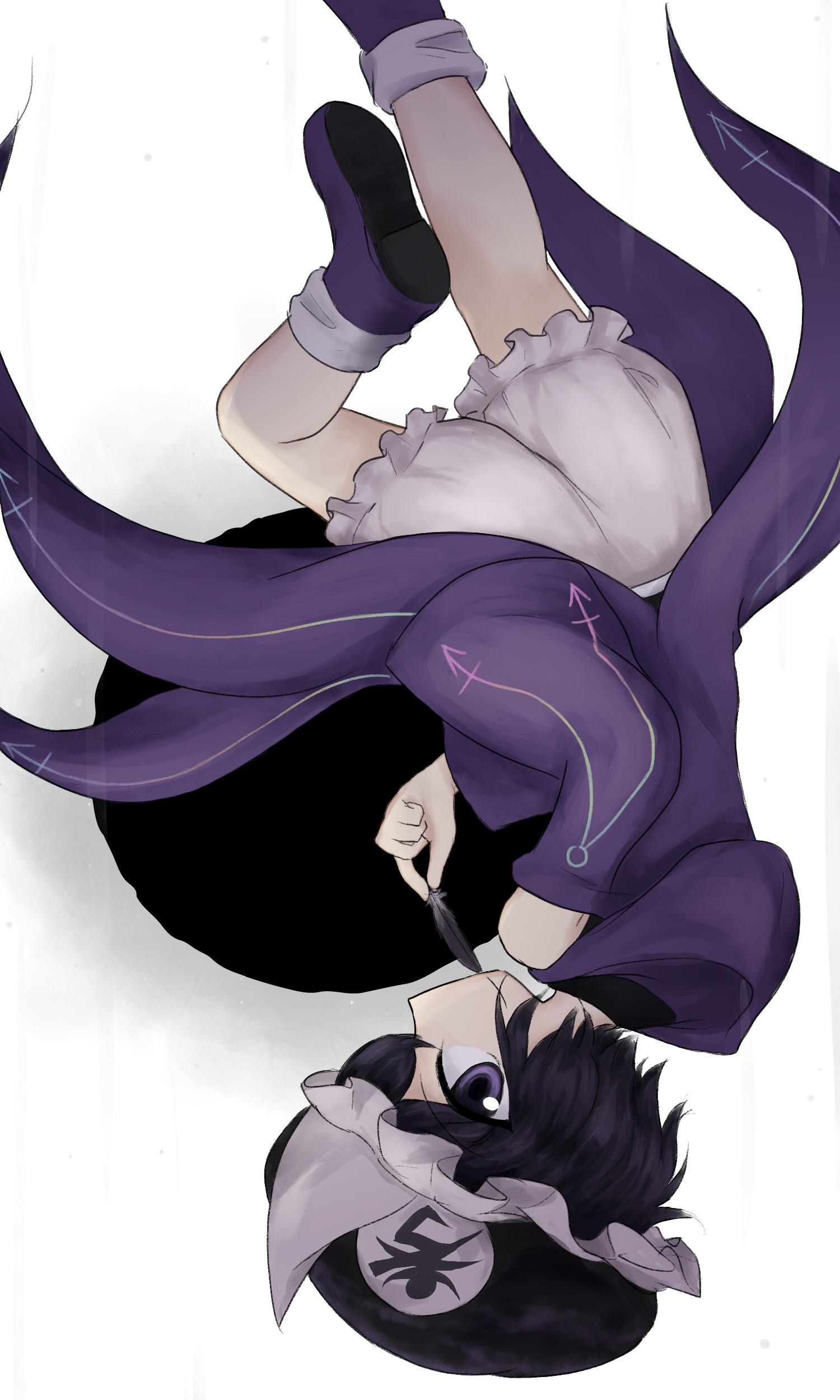 absurdres black_feathers black_hair black_hat black_sun coat feathers from_side hat highres holding holding_feather hood hood_down kuroda_(kurota_ne) len&#039;en mob_cap object_to_mouth purple_coat purple_eyes shitodo_kuroji shorts sideways_mouth socks sun upside-down white_background white_shorts white_socks