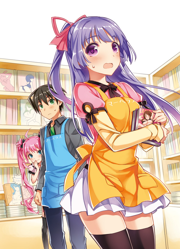 1boy 2girls ahoge apron black_legwear blush book bookstore bow brown_hair clerk green_eyes hair_bow hair_ribbon hanaji_tencho_ja_dame_desu_ka? kayou_(kayou-bi) long_hair multiple_girls pink_hair purple_eyes purple_hair ribbon shop short_hair skirt smirk thighhighs twintails wavy_mouth zettai_ryouiki
