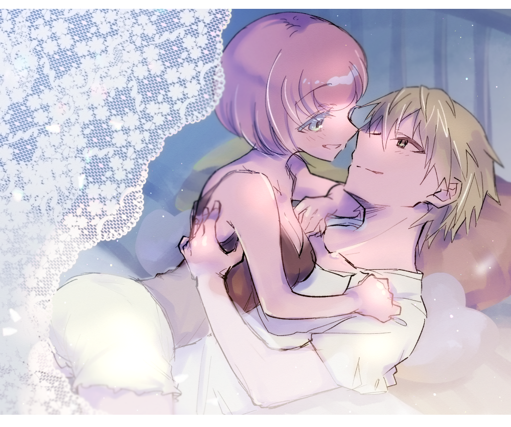 1boy 1girl alternate_costume ando_ruruka ass bare_arms bare_shoulders black_shirt blush breasts cleavage collarbone danganronpa_(series) danganronpa_3_(anime) eye_contact green_eyes grin hetero izayoi_sounosuke kuzuhana large_breasts looking_at_another lying on_back on_person pink_hair shirt short_hair shorts smile teeth white_shirt white_shorts