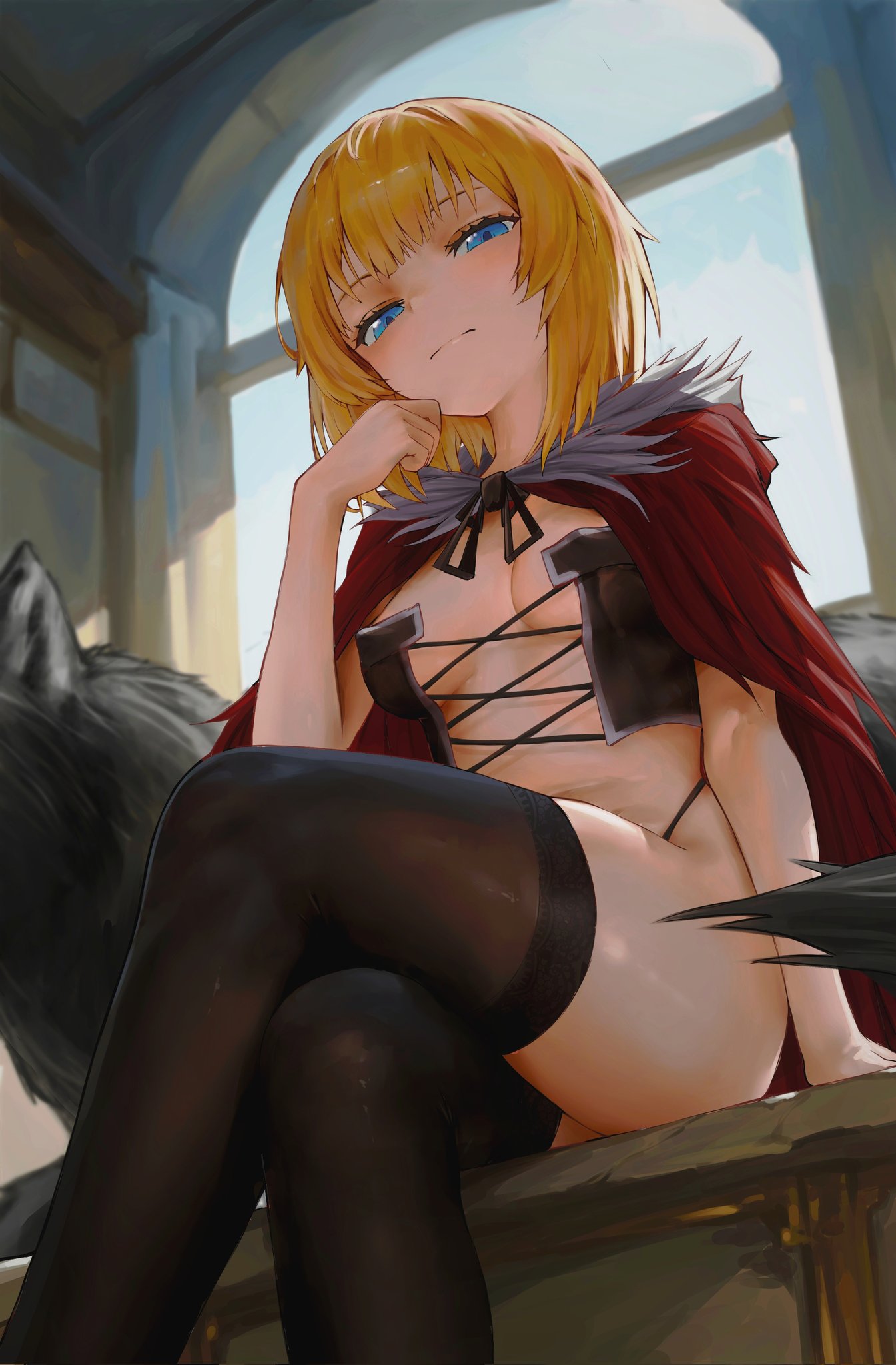 1girl animal ass black_souls black_souls_2 black_thighhighs blonde_hair blue_eyes breasts cape closed_mouth crossed_legs frown fur-trimmed_hood fur_trim hand_up highres holding hood hooded_cape looking_at_viewer red_cape red_hood_(black_souls) shiny_skin short_hair sitting small_breasts solo thighhighs window wrangelina