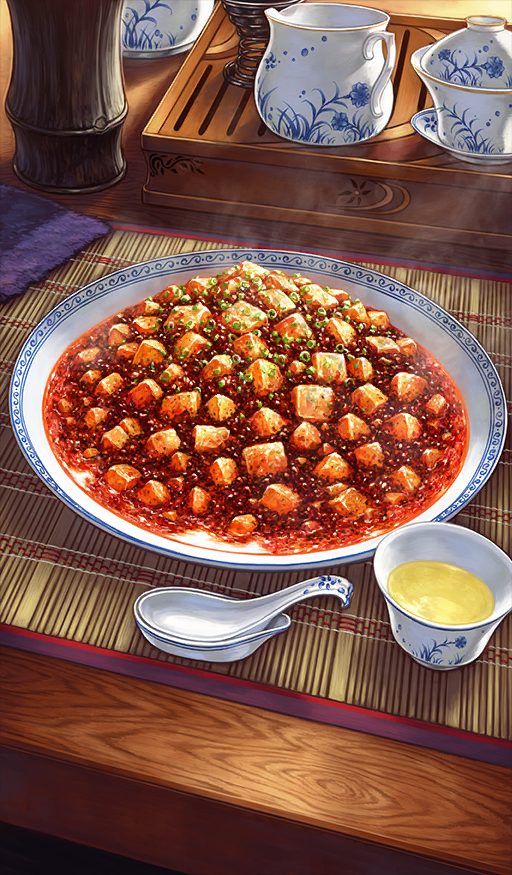 commentary cup fate/grand_order fate/stay_night fate_(series) food food_focus lasengle mapo_tofu no_humans official_art porcelain spoon steam steaming_food still_life third-party_source