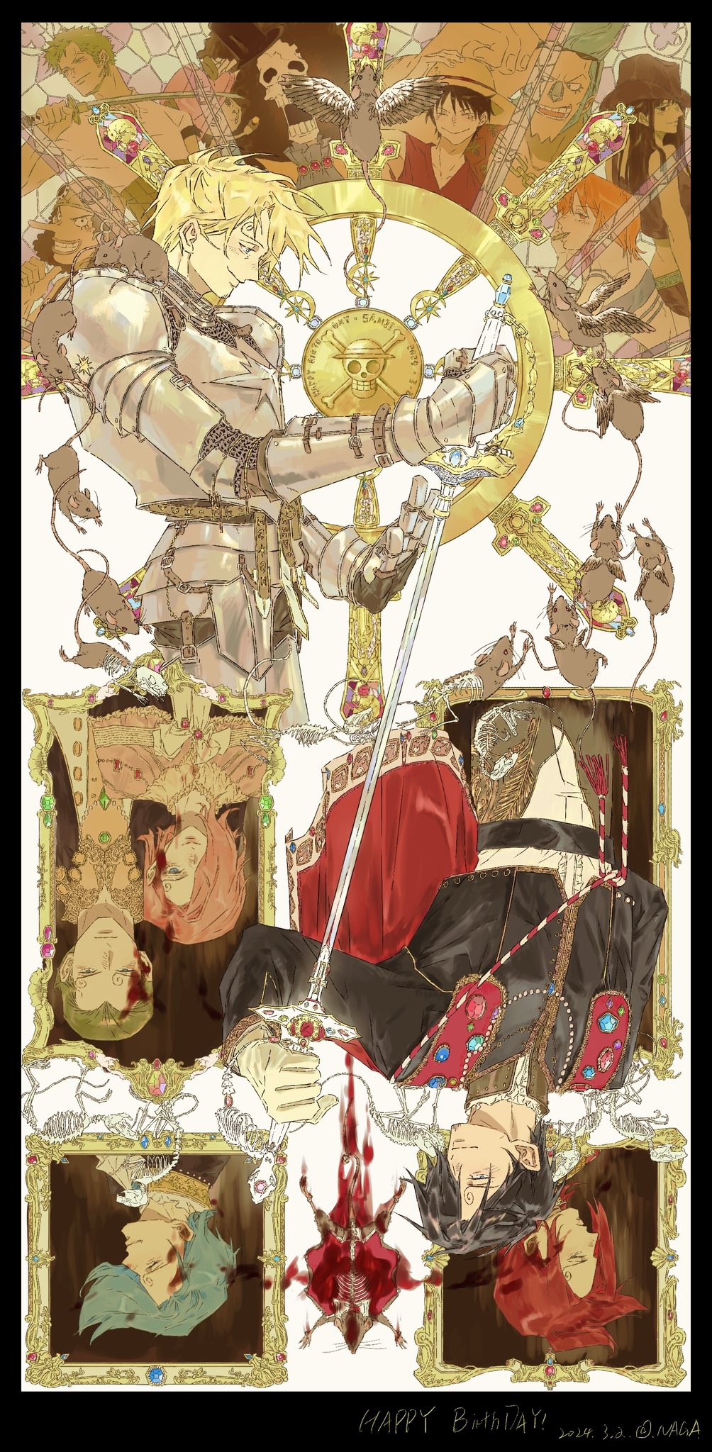 2024 3girls 6+boys armor black_hair black_shirt blonde_hair blood blue_eyes blue_gemstone blue_hair brook_(one_piece) brother_and_sister brothers character_name cropped_legs curly_eyebrows dated english_text feathered_wings franky_(one_piece) gem gloves green_gemstone green_hair happy_birthday hat highres holding holding_sword holding_weapon long_hair monkey_d._luffy mouse_(animal) multiple_boys multiple_girls nagavvv nami_(one_piece) nami_(one_piece)_(east_blue) nico_robin nico_robin_(whisky_peak) one_piece orange_hair pink_hair portrait_(object) red_gemstone red_hair red_shirt roronoa_zoro sanji_(one_piece) scar scar_on_face shirt short_hair siblings skeleton skull_and_crossbones smile straw_hat sword tony_tony_chopper usopp vinsmoke_ichiji vinsmoke_niji vinsmoke_reiju vinsmoke_yonji weapon white_gloves wings