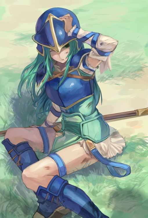 1girl armor belt female_focus fire_emblem fire_emblem:_path_of_radiance fire_emblem:_radiant_dawn gloves green_hair helmet long_hair mai_yukari nephenee_(fire_emblem) nintendo polearm skirt solo weapon