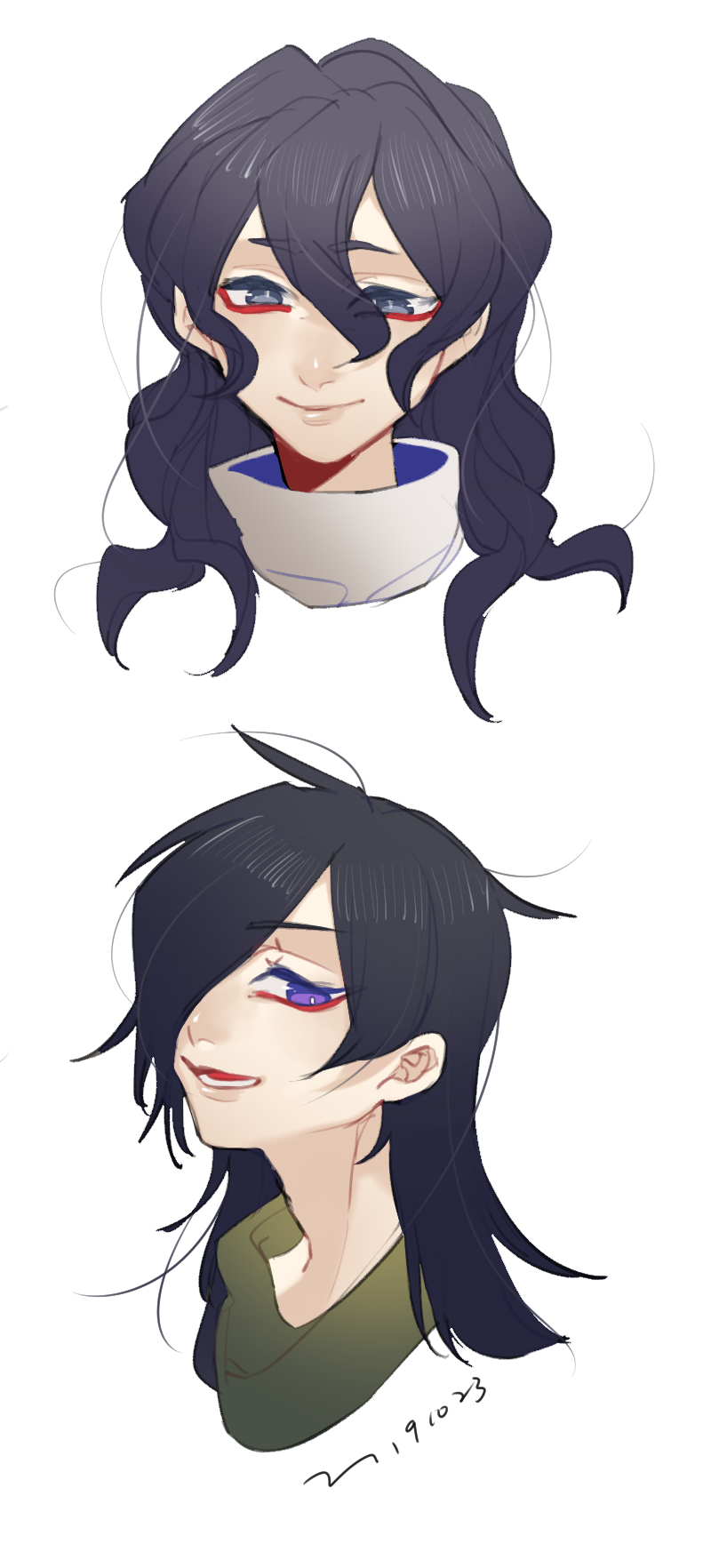 2boys aiba_ibuki alternate_hair_length alternate_hairstyle black_hair blue_eyes bright_pupils chinese_commentary closed_mouth commentary_request dated green_shirt hair_between_eyes hair_over_one_eye highres lower_teeth_only male_focus multiple_boys open_mouth purple_eyes saibou_shinkyoku shirt simple_background smile teeth utsugi_noriyuki white_background white_pupils white_shirt yokuhaku