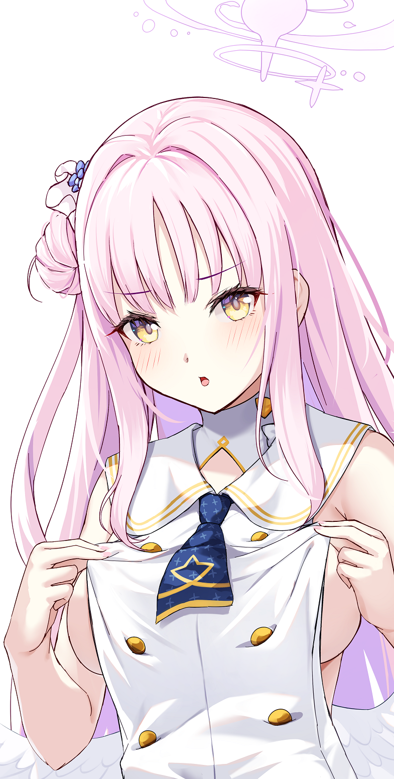 1girl angel_wings blue_archive blush breasts cosplay dress feathered_wings flower hair_bun hair_flower hair_ornament halo highres large_breasts long_hair merxkialis mika_(blue_archive) open_mouth pink_hair pink_halo purple_flower seia_(blue_archive) seia_(blue_archive)_(cosplay) sideboob simple_background single_side_bun sleeveless sleeveless_dress solo upper_body white_background white_dress white_wings wings yellow_eyes