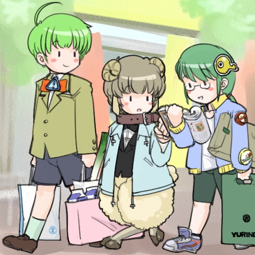 3boys ahoge animal_ears animal_half bag belt blush book bow bowtie collar glasses green_hair groceries hair_ornament homeo horns jacket lowres male_focus me-kun milk_carton multiple_boys os-tan outdoors road sheep_ears shitsuji shoes shorts sign smile sneakers spring_onion street talking vest walking warning_sign xp_home-tan xphome