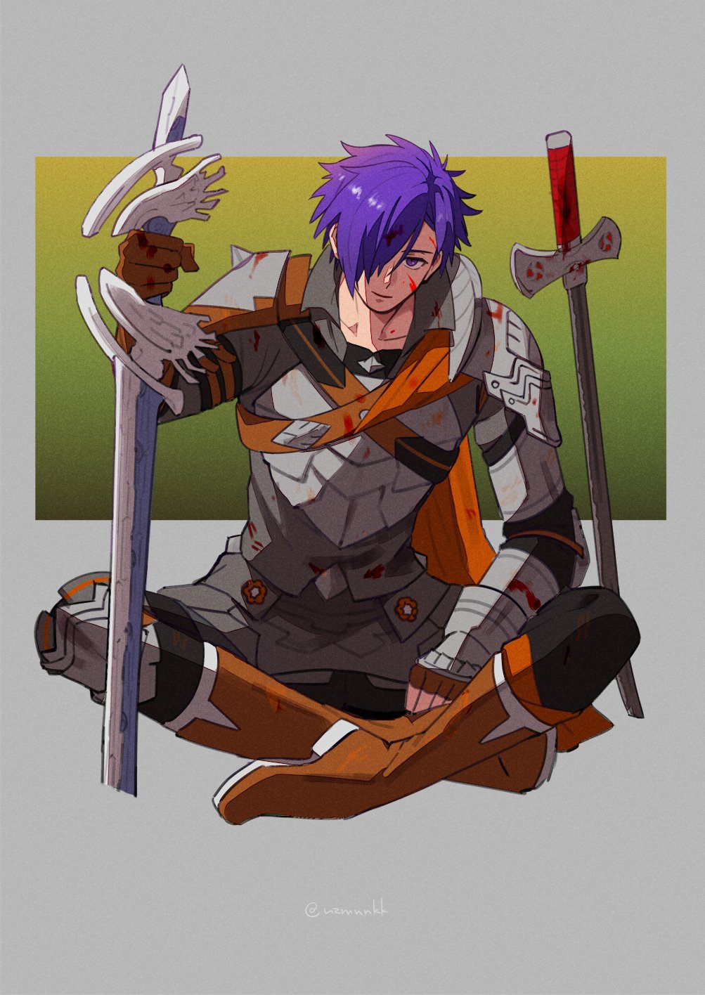 1boy arm_up armor black_pants blood blood_on_armor blood_on_face boots breastplate closed_mouth collarbone commentary_request faulds fingerless_gloves fire_emblem fire_emblem:_three_houses fire_emblem_warriors:_three_hopes full_body gloves hair_over_one_eye highres long_sleeves male_focus male_shez_(fire_emblem) multiple_swords nintendo nzmnnkk one_eye_covered ornate_weapon pants pauldrons planted planted_sword planted_weapon purple_eyes purple_hair short_hair shoulder_armor sitting solo sword weapon