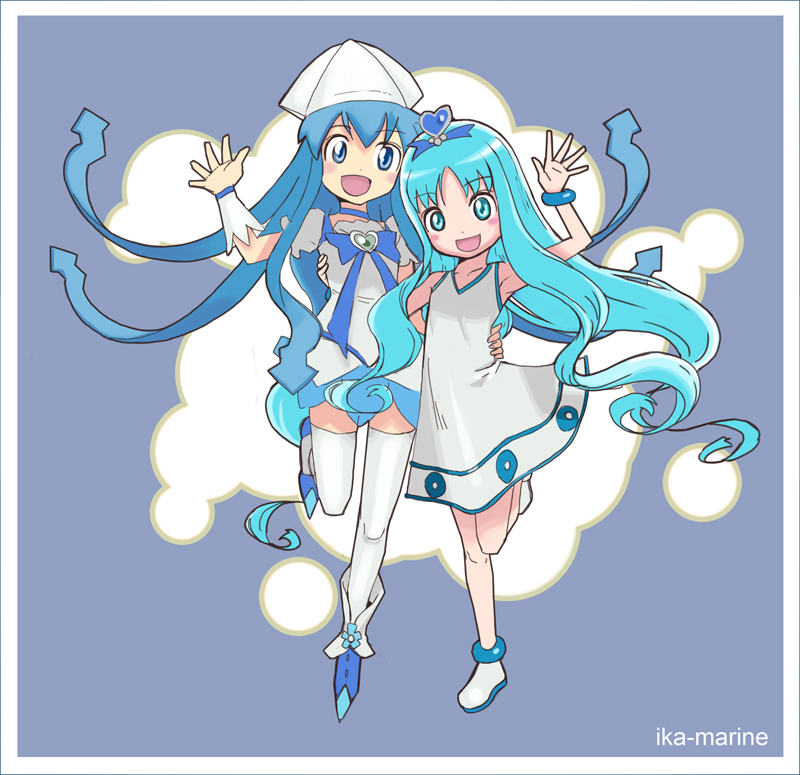 2girls 310 :d arm_around_waist blue_eyes blue_hair blue_skirt blue_theme blush_stickers brooch cosplay costume_switch crossover cure_marine cure_marine_(cosplay) dress heart heart_brooch heartcatch_precure! ikamusume ikamusume_(cosplay) jewelry kurumi_erika long_hair look-alike magical_girl multiple_girls open_mouth precure shinryaku!_ikamusume short_dress skirt smile standing standing_on_one_leg tentacle_hair thighhighs waving white_legwear