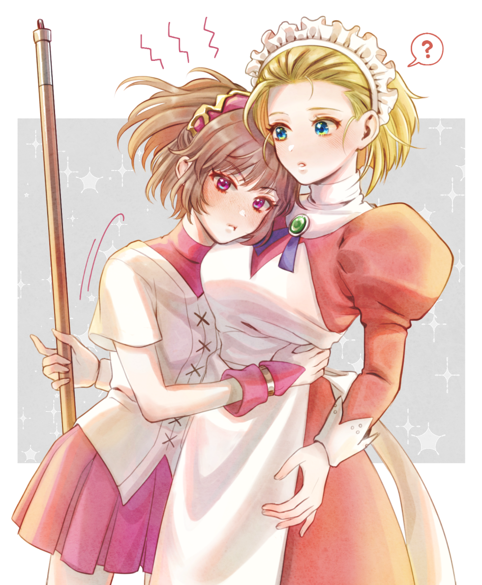2girls ? blonde_hair blue_eyes blush brooch brown_hair commentary doppelganger_arle dress english_commentary jewelry kikimora_(puyopuyo) long_sleeves maid_headdress minminzemi multiple_girls pout puffy_long_sleeves puffy_sleeves puyopuyo puyopuyo_n red_dress short_hair skirt spoken_question_mark yuri