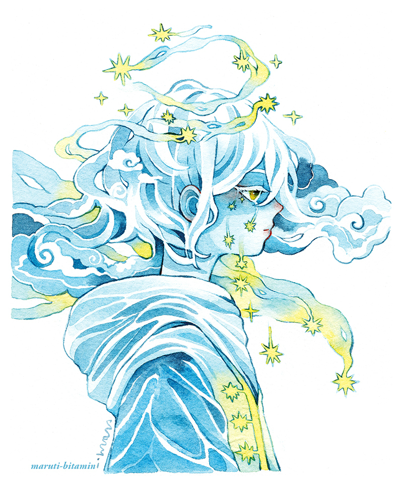 1boy androgynous artist_name blue_clouds blue_hair blue_halo blue_hoodie blue_skin cloud colored_eyelashes colored_skin commentary crying english_commentary glowing glowing_tears halo hood hoodie limited_palette long_sleeves male_focus maruti_bitamin original painting_(medium) profile shooting_star short_hair simple_background smile solo sparkle star_(sky) star_(symbol) star_tears traditional_media upper_body watercolor_(medium) white_background white_eyelashes xiangyun yellow_eyes yellow_halo