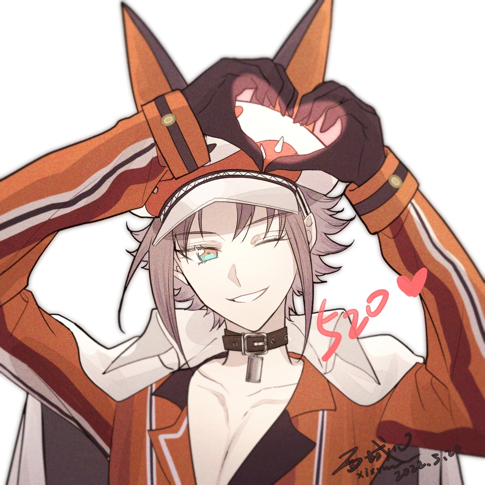 1boy animal_ear_headwear artist_name black_collar black_gloves blue_eyes brown_hair collar collarbone fake_animal_ears gloves hat heart heart_hands jacket long_sleeves looking_at_viewer male_focus mysta_rias nijisanji nijisanji_en one_eye_closed orange_jacket orange_shirt pectoral_cleavage pectorals shirt smile solo upper_body virtual_youtuber white_background xi_yuu