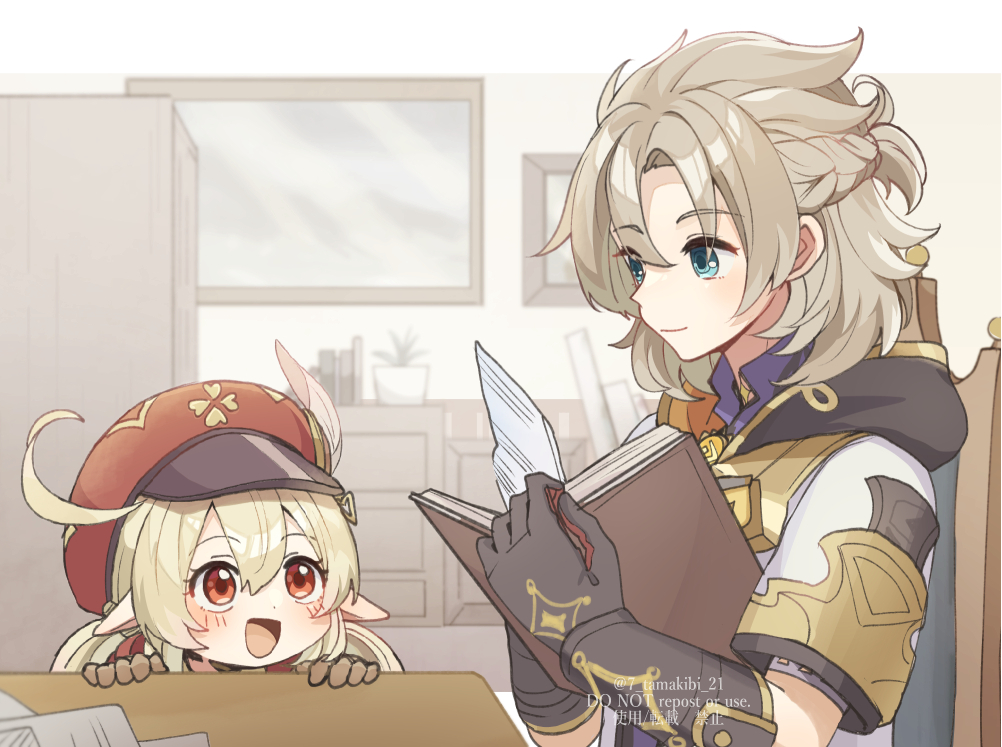 1boy 1girl ahoge albedo_(genshin_impact) black_hood blonde_hair blush book newsboy_cap chair chest_of_drawers commentary_request corn_kuten genshin_impact hat hat_feather holding holding_book indoors klee_(genshin_impact) looking_at_another messy open_book open_mouth peeking picture_frame pointy_ears ponytail red_eyes red_hat shirt short_ponytail short_twintails smile table twintails white_shirt window