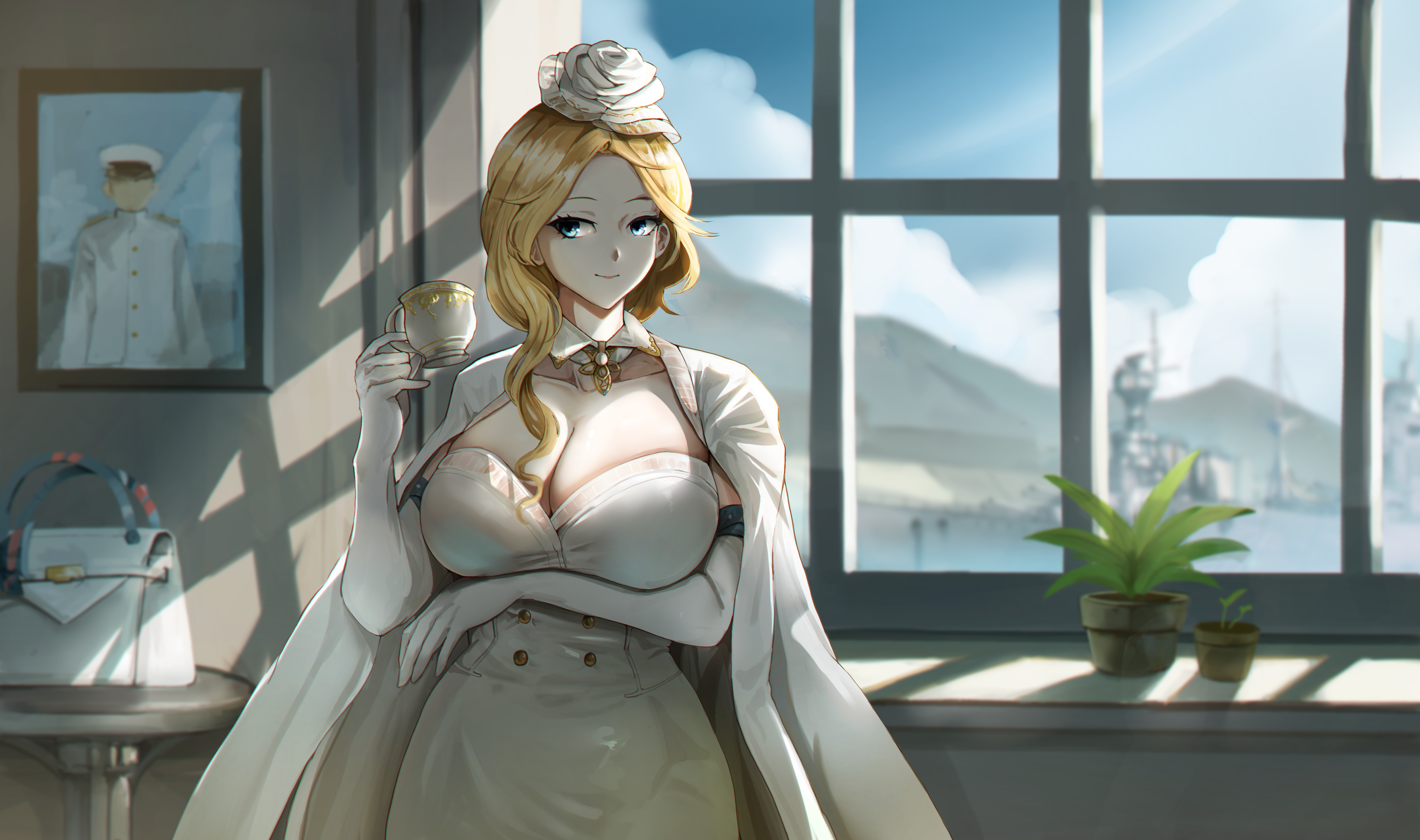 absurdres azur_lane bag blonde_hair blue_eyes breasts buttons cleavage commander_(azur_lane) cup detached_sleeves double-breasted handbag highres hood_(azur_lane) hood_(dawnlight&#039;s_dame)_(azur_lane) jacket military_vehicle mountainous_horizon plant potted_plant ship sirkku tagme teacup warship watercraft window
