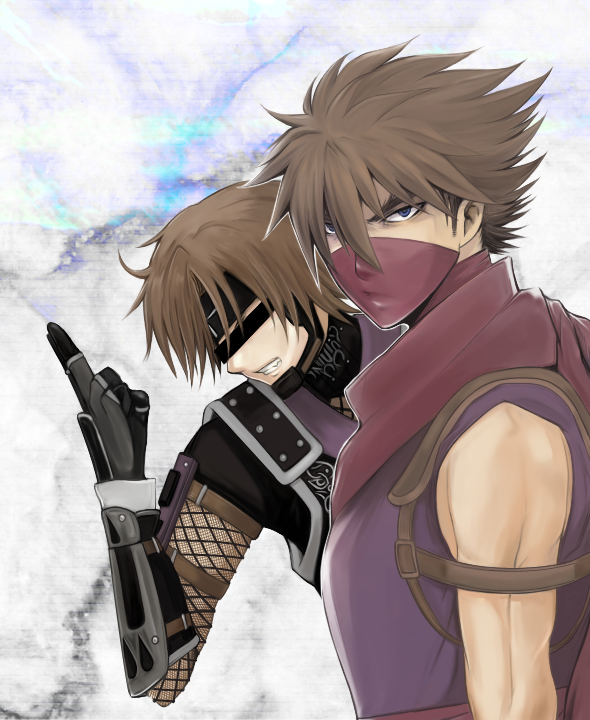 2boys arm_guards armor black_gloves black_headband blue_eyes brown_hair censored censored_identity crossover final_fantasy final_fantasy_xi fishnet_sleeves fishnets gloves headband holster hume japanese_armor japanese_clothes kitanai_ninja looking_at_viewer looking_down looking_to_the_side m.u.g.e.n mask mouth_mask multiple_boys ninja ninja_(final_fantasy) red_mask red_scarf roku91 scarf short_hair shoulder_holster strider_(video_game) strider_hiryuu
