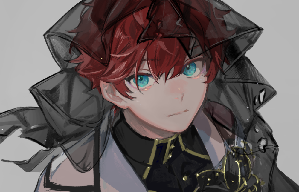 1boy amagi_hiiro aqua_eyes bishounen black_shirt black_veil closed_mouth ensemble_stars! expressionless from_above gold_trim grey_background logi_bunbukucha looking_at_viewer male_focus portrait red_hair see-through_clothes see-through_sleeves see-through_veil shirt short_hair simple_background solo turtleneck veil
