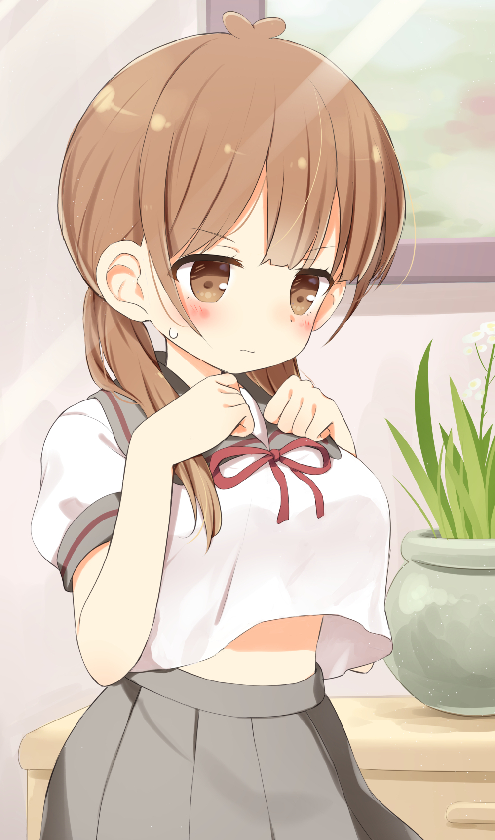 1girl breasts brown_eyes clenched_hands frown hand_on_own_chest highres ichiyo12 large_breasts light_blush light_brown_hair medium_hair midriff_peek multicolored_hair original plant potted_plant school_uniform serafuku short_sleeves streaked_hair twintails white_serafuku window