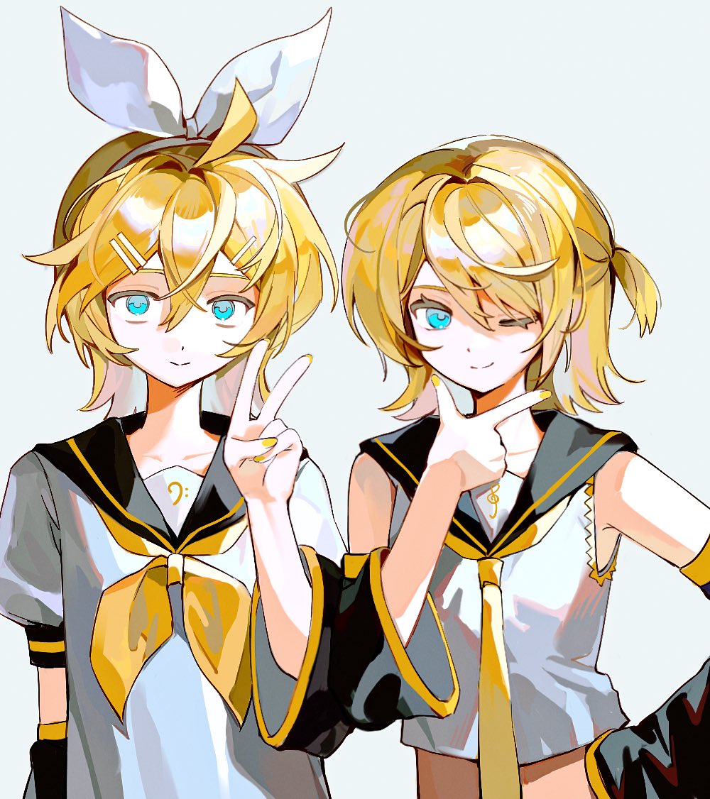 1boy 1girl ahoge alternate_hairstyle aqua_eyes bare_shoulders bass_clef black_sailor_collar black_sleeves borrowed_clothes bow brother_and_sister collarbone cosplay costume_switch crop_top detached_sleeves feiwusheng hair_bow hair_down hair_ornament hairclip hand_on_own_hip kagamine_len kagamine_rin messy_hair midriff neckerchief necktie one_eye_closed ponytail sailor_collar sailor_shirt shirt short_ponytail short_sleeves siblings side_ponytail sleeveless sleeveless_shirt smile smug treble_clef twins v vocaloid white_bow wide_sleeves yellow_nails yellow_neckerchief yellow_necktie