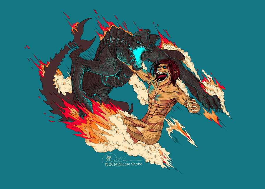 2014 bad_deviantart_id bad_id crossover dated eren_yeager fire glowing glowing_eyes glowing_mouth glowing_veins jaeger_(pacific_rim) jpeg_artifacts kaiju legendary_pictures muscular muscular_male neon_trim no_humans open_mouth otachi pacific_rim pan_pacific_defense_corps pointy_ears rogue_titan shingeki_no_kyojin titan_(shingeki_no_kyojin) veins