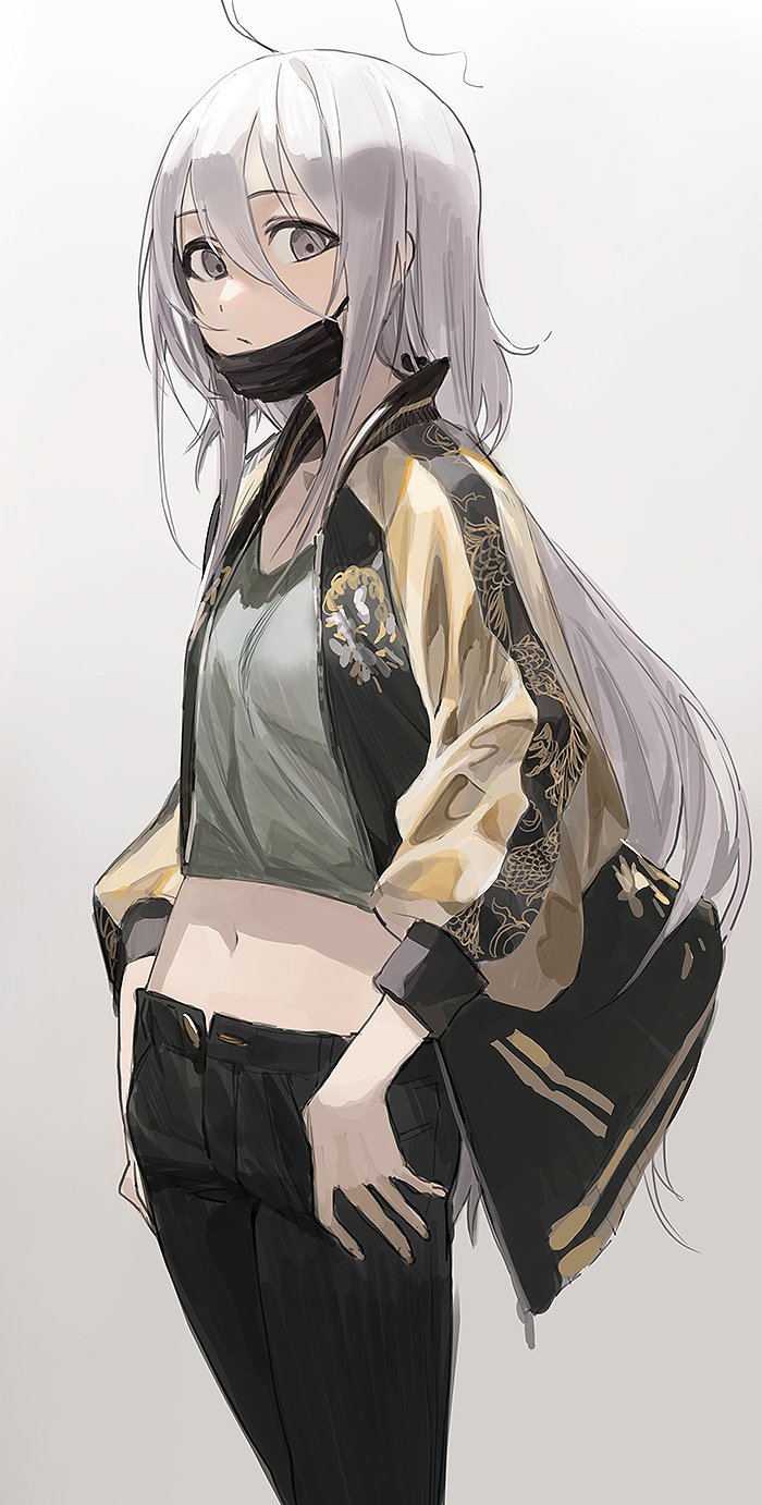 1girl ahoge black_surgical_mask commentary_request cowboy_shot crop_top expressionless female_focus gradient_background grey_eyes grey_hair hair_between_eyes highres hoshi_syoko idolmaster idolmaster_cinderella_girls jacket long_hair looking_at_viewer mask modare mouth_mask navel open_clothes open_jacket pants solo sukajan surgical_mask thumbs_in_pockets unbuttoned_pants