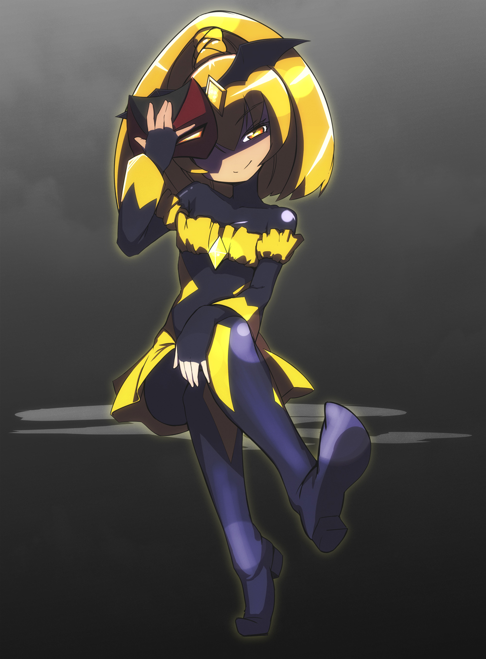 1girl bad_end_peace bad_end_precure black_bodysuit black_headwear blonde_hair bodysuit breasts crossed_legs dark_persona frilled_sleeves frills hand_on_legs highres looking_at_viewer mask ponytail precure sitting skirt small_breasts smile smile_precure! yamako_(yamak0) yellow_eyes yellow_skirt