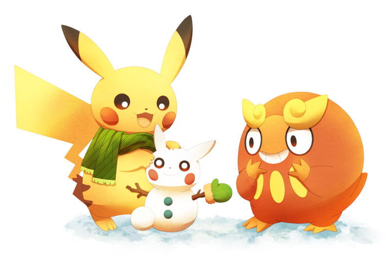 :3 :d animal_focus blush bright_pupils brown_eyes commentary_request darumaka gen_1_pokemon gen_5_pokemon green_scarf hands_up mittens nintendo no_humans open_mouth pikachu pokemon pokemon_(creature) scarf simple_background smile snow snowman standing teeth white_background white_pupils yuurakusei