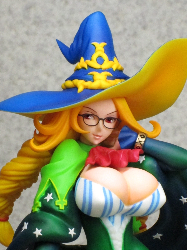 1girl animal belt braid breasts brown_hair cleavage female_focus figure glasses grand_knights_history hat huge_breasts jewelry long_hair muse_cromwell red_eyes ring smile solo wand witch_hat