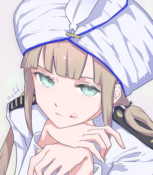 1boy blue_eyes blue_hair blunt_bangs captain_nemo_(fate) captain_nemo_(first_ascension)_(fate) closed_mouth cropped fate/grand_order fate_(series) food food_on_face frown gradient_hair half-closed_eyes hand_on_own_chin hat_feather head_rest jacket looking_at_viewer low_twintails male_focus multicolored_hair nemo_(fate) own_hands_together shoulder_boards signature solo turban twintails waterstaring white_jacket