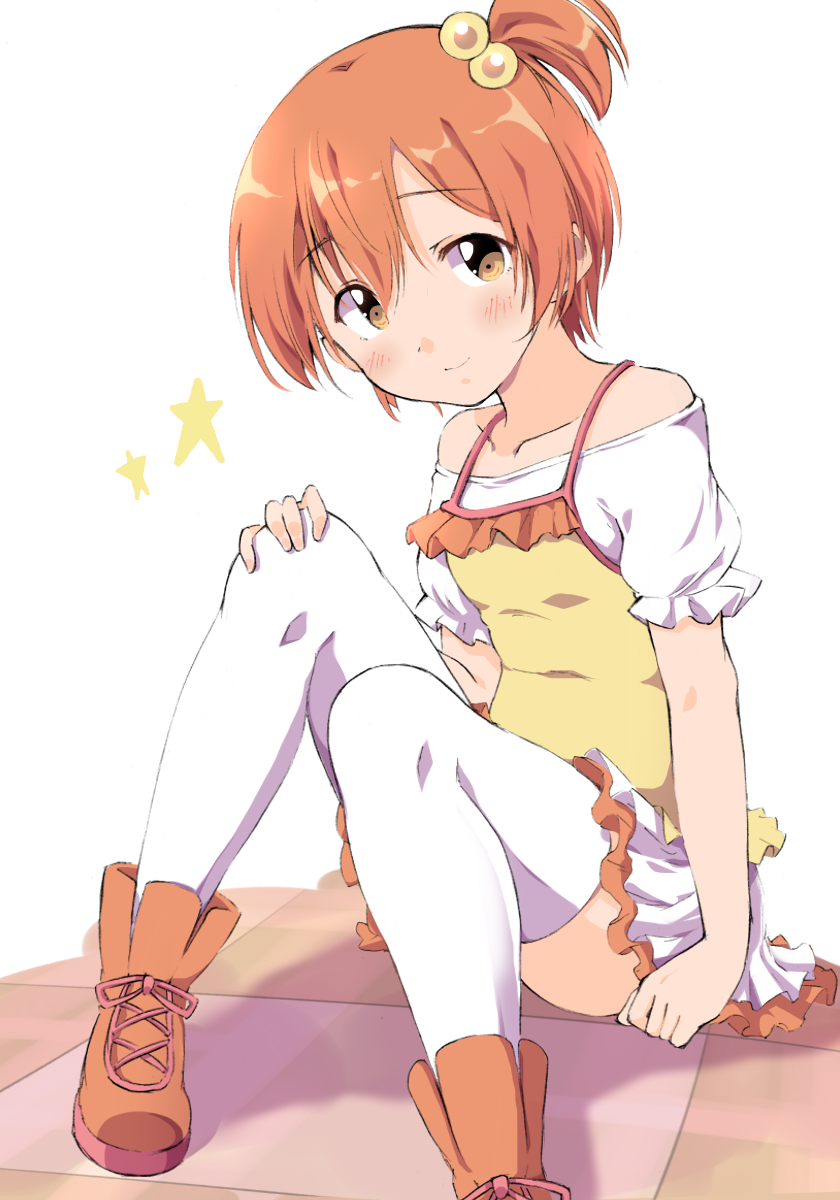 1girl blush boots flat_chest hair_bobbles hair_ornament highres hoshizora_rin love_live! love_live!_school_idol_project miniskirt off_shoulder orange_boots orange_hair sen_(sen0910) short_hair side_ponytail simple_background sitting skirt smile solo thighhighs white_background white_thighhighs yellow_eyes