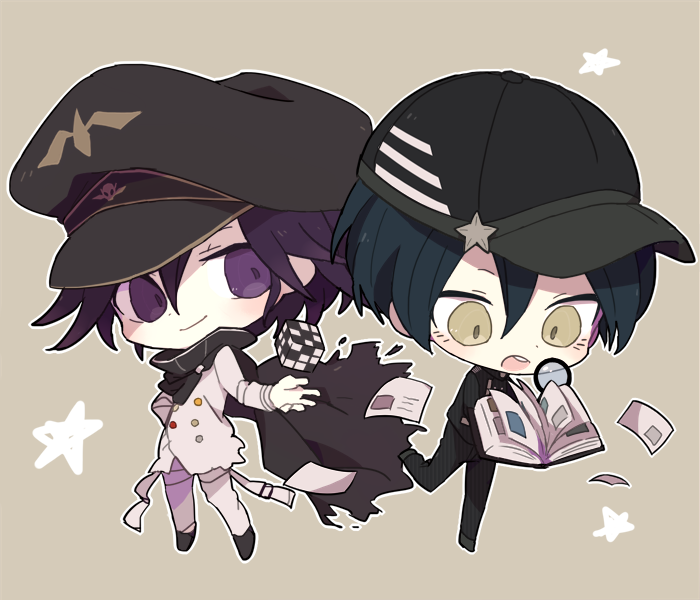 2boys arm_belt baseball_cap belt belt_buckle black_cape black_footwear black_hat black_jacket black_pants blue_hair book brown_background buckle buttons cabbie_hat cape chibi closed_mouth collared_cape collared_jacket commentary_request danganronpa_(series) danganronpa_v3:_killing_harmony denim double-breasted eyelashes full_body hair_between_eyes hand_on_own_hip hat hat_ornament high_collar holding holding_book jacket jeans light_blush long_sleeves male_focus multicolored_buttons multiple_belts multiple_boys object_floating_above_hand oma_kokichi open_belt open_book open_mouth outline outstretched_hand pages pants pinstripe_jacket pinstripe_pants pinstripe_pattern pocket purple_eyes purple_hair rubik&#039;s_cube ruri_(2620981) saihara_shuichi shoes short_hair simple_background smile star_(symbol) star_hat_ornament teeth thigh_belt thigh_strap torn_cape torn_clothes torn_jeans torn_pants turning_page unmoving_pattern upper_teeth_only white_belt white_jacket white_outline white_pants yellow_eyes