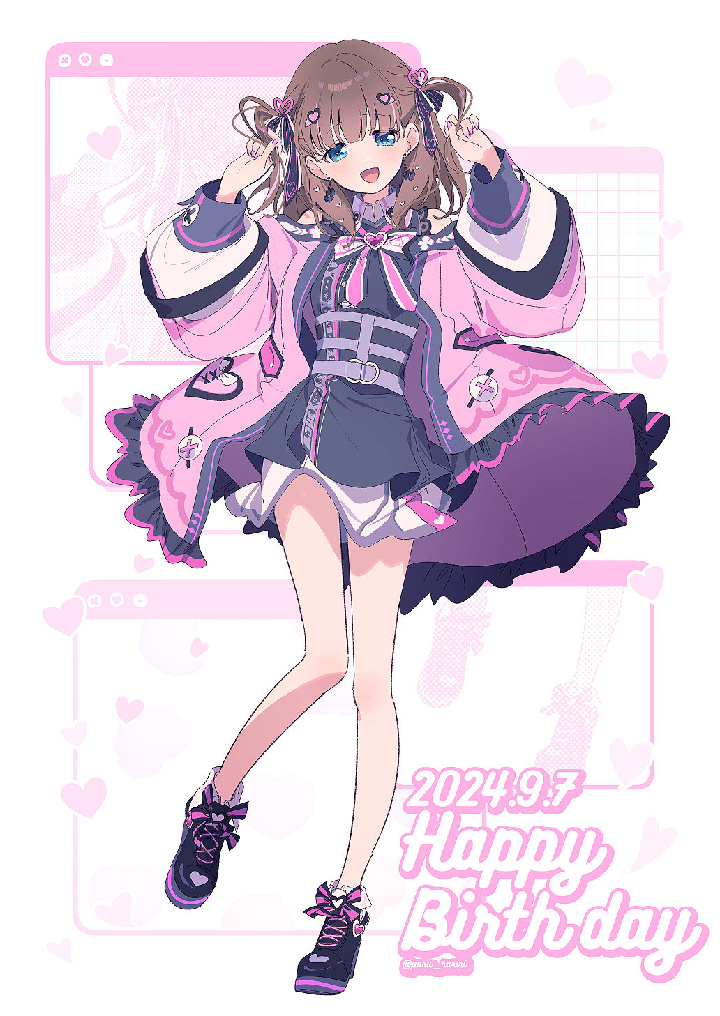 1girl arms_up artist_name bare_legs bare_shoulders birthday black_shoes blue_eyes blunt_bangs blush bow bowtie brown_hair commentary_request dated dot_nose earrings english_text fingernails footwear_bow full_body hair_bow hair_ornament happy_birthday heart heart_hair_ornament high_heel_sneakers highres holding holding_own_hair idol idol_clothes idolmaster idolmaster_cinderella_girls idolmaster_cinderella_girls_starlight_stage jacket jewelry long_sleeves looking_at_viewer medium_hair multicolored_bow multicolored_bowtie nail_polish off-shoulder_jacket off_shoulder official_alternate_costume official_alternate_hairstyle open_clothes open_jacket open_mouth pink_jacket pink_nails sakuma_mayu serizawa_serizane shoes skirt smile solo standing straight-on straight_hair tongue twitter_username two_side_up white_skirt window_(computing)