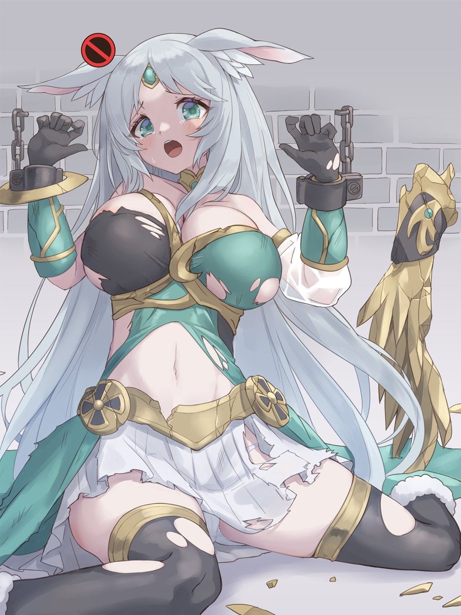 1girl animal_ear_fluff animal_ears apollousa_bow_of_the_goddess black_gloves blush bow_(weapon) breasts cuffs duel_monster elbow_gloves gloves green_eyes highres large_breasts long_hair memento_vivi midriff navel skirt solo tears thighhighs torn_clothes torn_skirt very_long_hair weapon white_hair wrist_cuffs yu-gi-oh!