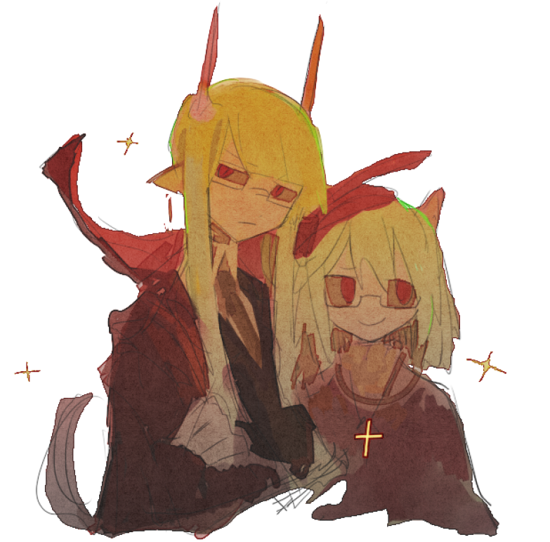 1boy 1girl demon_boy demon_girl demon_horns formal_clothes funamusea glasses green_hair haiiro_teien horns medium_hair raincoat-rkgk red_eyes short_hair_with_long_locks suit yosafire_(funamusea) yosaflame_(funamusea)