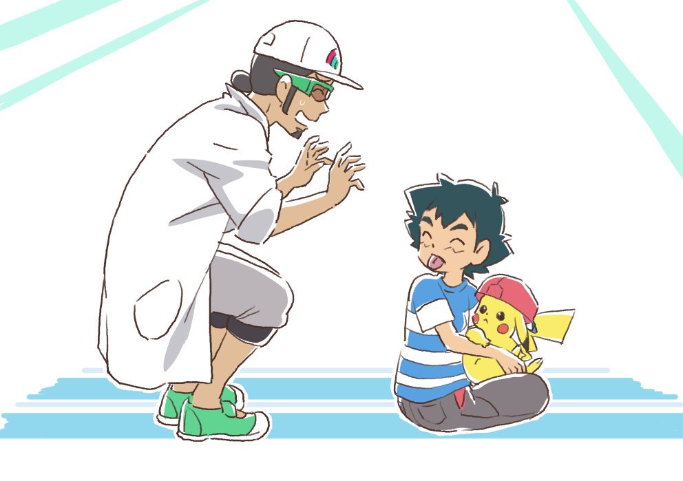 2boys ash_ketchum baseball_cap black_hair blowing_raspberry closed_eyes djmn_c gen_1_pokemon green_footwear grey_pants hat professor_kukui lab_coat multiple_boys nintendo no_headwear pants pikachu pokemon pokemon_(anime) pokemon_(creature) pokemon_sm_(anime) rainbow_print shirt shoes sneakers spiked_hair striped_clothes striped_shirt