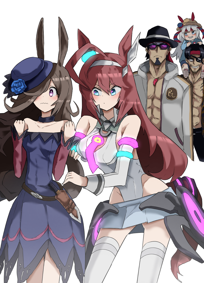 animal_ears blue_eyes blue_flower blue_rose eyepatch flower grey_hairband hair_between_eyes hairband hat hat_flower headband horse_ears horse_girl horse_tail kansaiben kiryu_kazuma long_hair majima_everywhere majima_goro mihono_bourbon_(umamusume) rice_shower_(umamusume) rose ryuu_ga_gotoku_(series) ryuu_ga_gotoku_1 ryuu_ga_gotoku_kiwami silver_hair snake_print t515168 tail tamamo_cross_(umamusume) trainer_kuronuma trait_connection umamusume voice_actor_connection