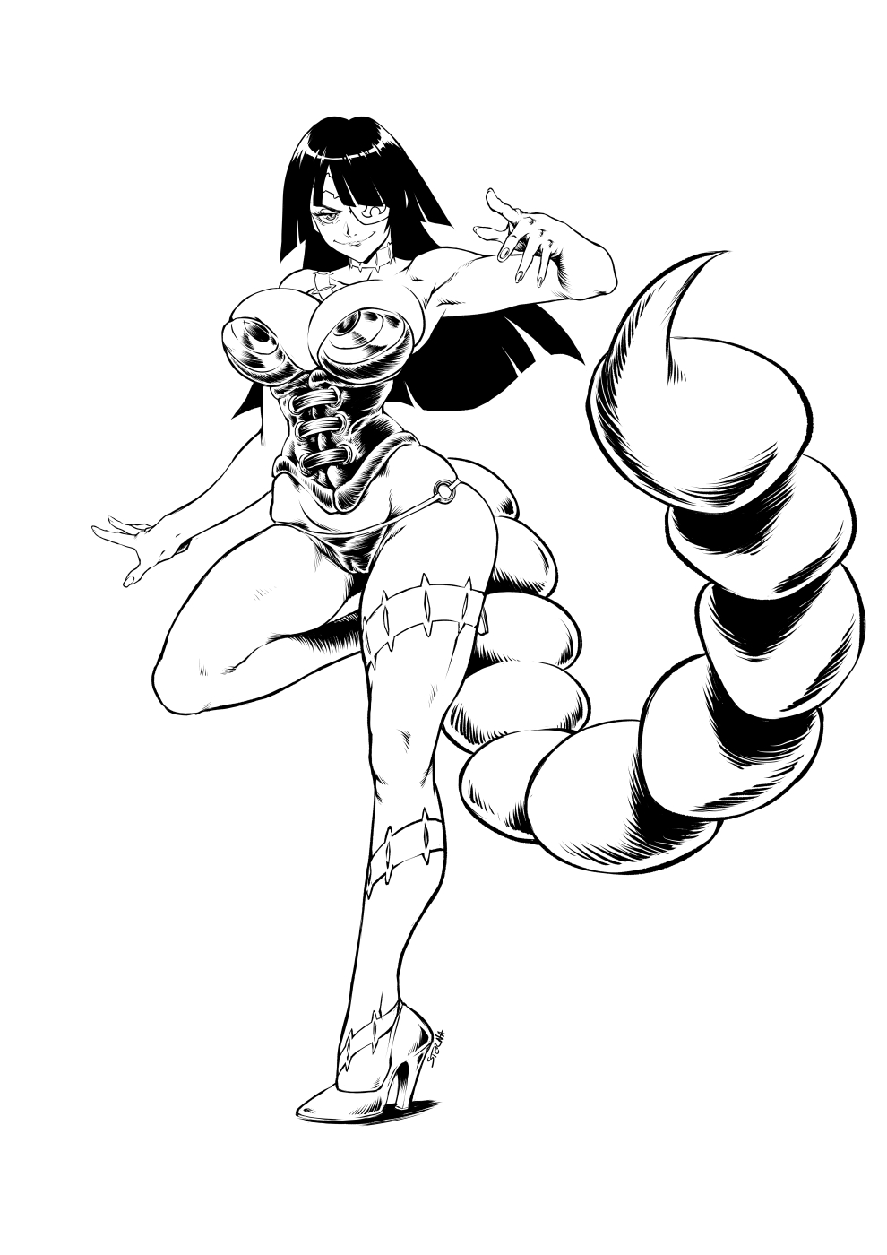 00s 1girl adiane breasts cleavage corset damien_dozias dress eyepatch female_focus greyscale high_heels highres large_breasts long_hair monochrome panties scorpion_tail solo tail tattoo tengen_toppa_gurren_lagann underwear