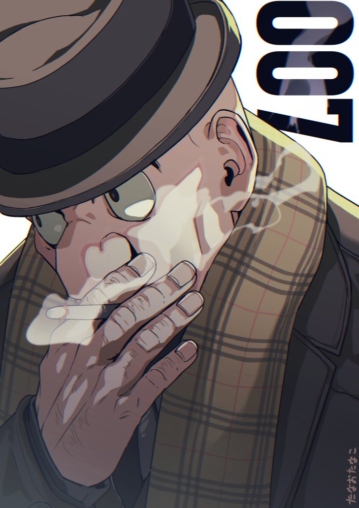 bald big_nose black_eyes black_necktie black_suit brown_coat brown_hat coat cyborg cyborg_009 formal_clothes great_britain_(cyborg_009) hand_on_own_face hat looking_to_the_side male_focus mature_male necktie one_eye_in_shadow scarf smoking soldier striped_clothes striped_scarf suit tanaotanako upper_body vertical-striped_clothes vertical-striped_scarf