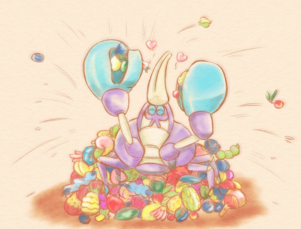 apicot_berry arms_up aspear_berry berry_(pokemon) cheri_berry chesto_berry chilan_berry closed_eyes commentary_request crabrawler food fruit full_body ganlon_berry gen_7_pokemon heart holding holding_food holding_fruit hondew_berry iapapa_berry kelpsy_berry leppa_berry lum_berry mago_berry motion_lines nanab_berry nintendo no_humans oran_berry pecha_berry persim_berry pile pinap_berry pincers pokemon pokemon_(creature) pokemon_focus rindo_berry simple_background sitrus_berry solo tamato_berry uma_asuma wacan_berry