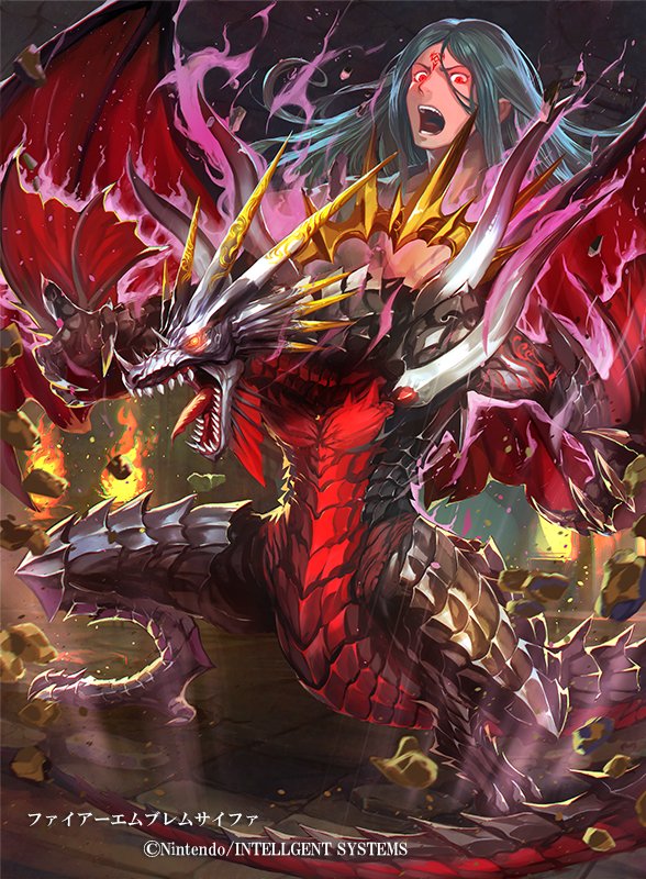 1boy bat_wings cherokee_(1021tonii) dark-skinned_male dark_skin dragon dragon_tail facial_mark fangs fire fire_emblem fire_emblem:_radiant_dawn fire_emblem_cipher forehead_mark glowing glowing_eyes green_hair long_hair male_focus nintendo official_art open_mouth rajaion_(fire_emblem) red_eyes rock solo tail teeth wings