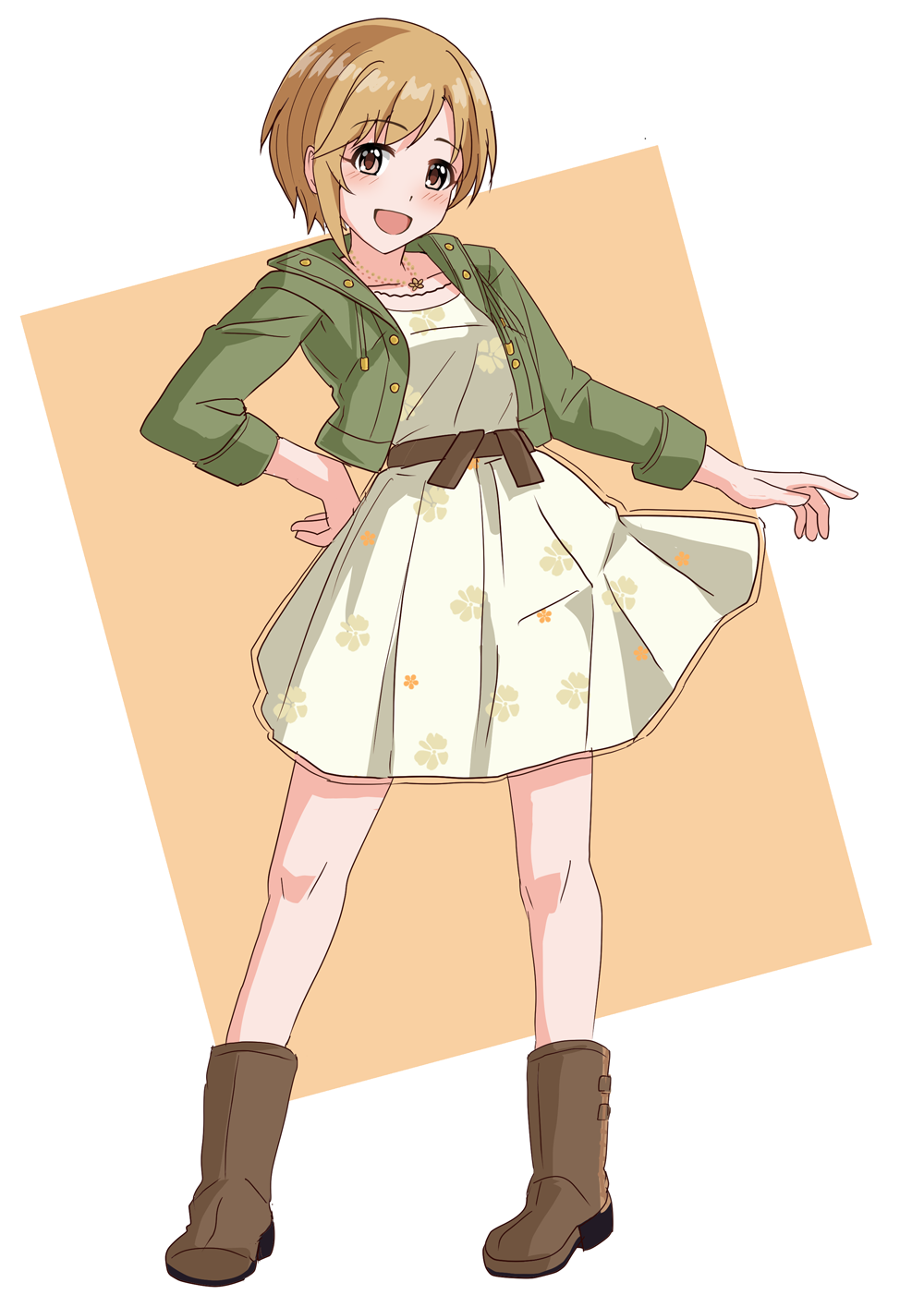 1girl aiba_yumi belt boots brown_belt brown_boots brown_eyes brown_hair collarbone dress floral_print full_body green_jacket highres idolmaster idolmaster_cinderella_girls illustscody jacket jewelry looking_at_viewer necklace open_clothes open_jacket open_mouth short_hair sleeves_rolled_up solo standing yellow_dress
