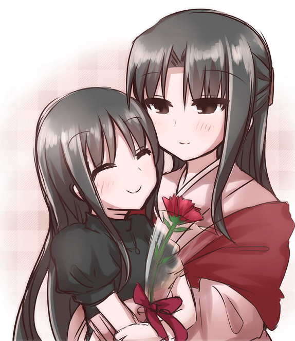 2girls black_hair blush closed_eyes flower kara_no_kyoukai long_hair mother_and_daughter multiple_girls ohitashi_netsurou ryougi_mana ryougi_shiki smile