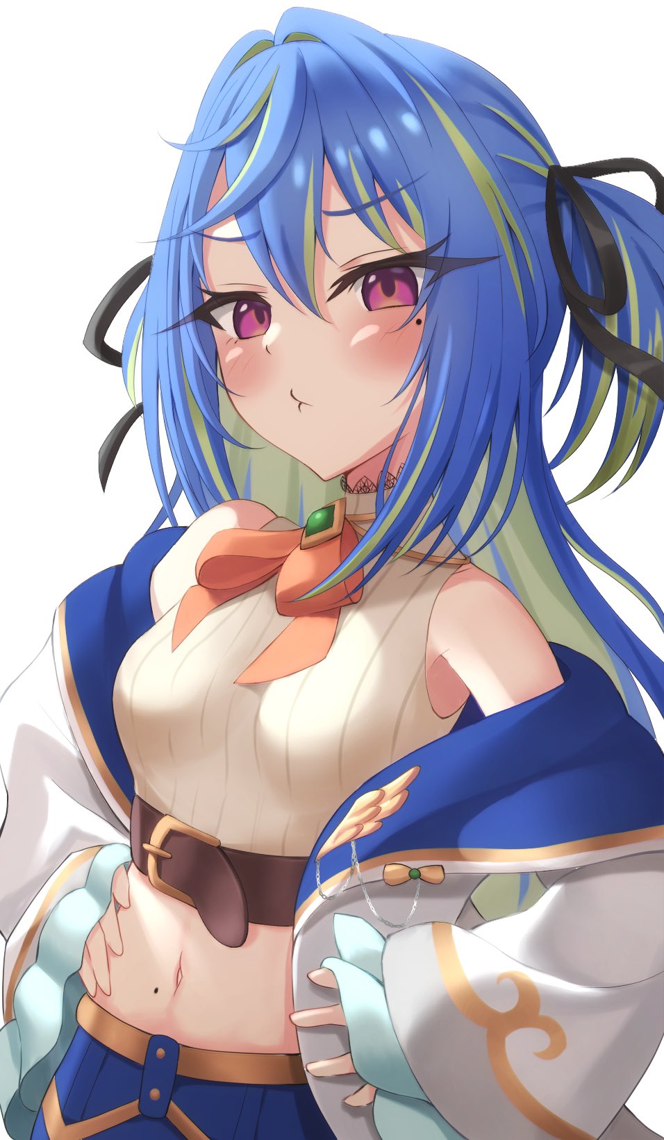 1girl balflear_(oe19nlud) belt black_ribbon blue_hair blue_skirt blush bow bowtie breasts brown_belt buttons chest_belt closed_mouth coat crop_top frilled_sleeves frills green_brooch green_hair hair_between_eyes hair_intakes hair_ribbon hands_on_own_hips highres long_hair long_sleeves looking_at_viewer midriff mole mole_under_eye multicolored_hair nanashi_inc. navel open_clothes open_coat orange_bow orange_bowtie pink_eyes pout ribbon shirt simple_background skirt small_breasts solo striped_clothes striped_shirt suzumi_nemo suzumi_nemo_(1st_costume) two-tone_hair two_side_up upper_body vertical-striped_clothes vertical-striped_shirt virtual_youtuber white_background white_coat white_shirt