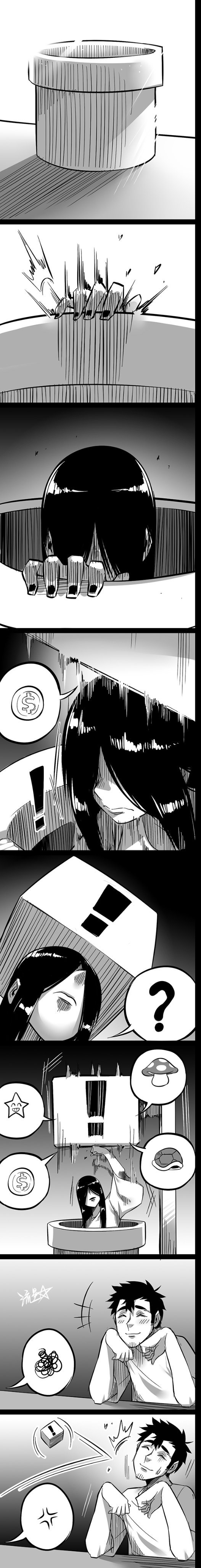 !_block 1boy 1girl absurdres anger_vein coin comic gameplay_mechanics greyscale hair_over_eyes highres long_hair long_image mario_(series) mini_person minigirl monochrome mushroom nintendo power-up ryuusei_(mark_ii) tall_image the_ring tube turtle_shell well yamamura_sadako