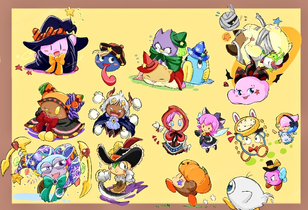 3girls :p ahoge animal_ears apron arm_up ascot bat_wings bell bird black_bow black_bowtie black_capelet black_cloak black_dress black_footwear black_gloves black_hairband black_headwear black_sleeves black_wings blue_ascot blue_cape blue_eyes blue_hair blue_headwear blush_stickers boots border bow bowtie bronto_burt brown_border brown_footwear brown_horns cape capelet cat chuchu_(kirby) clenched_hands cloak closed_mouth collar colored_skin commentary_request coo_(kirby) crystal_wings cutlass dark_skin detached_wings disembodied_hand dress elline_(kirby) extra_hands fairy_wings fake_animal_ears fish fleeing flying_sweatdrops frilled_capelet frilled_gloves frills from_side ghost_costume gloves gooey_(kirby) green_bow green_bowtie green_cloak green_hair green_headwear gryll_(kirby) hair_bow hair_ornament hairband half-closed_eyes halloween halloween_costume hamster hand_on_own_hip hat hat_bow hat_ornament heart holding holding_pocket_watch holding_sword holding_wand holding_weapon hood hood_up hooded_capelet horns jack-o&#039;-lantern jack-o&#039;-lantern_hair_ornament jester_cap kine_(kirby) kirby kirby_(series) long_sleeves long_tongue magolor marking_on_cheek marx_(kirby) marx_(true_form)_(kirby) mary_janes mini_hat mini_top_hat mini_wings mini_witch_hat multicolored_hair multiple_girls mummy_costume nago_(kirby) neck_bell nintendo notice_lines ofuda one-eyed one_eye_closed orange_bow orange_bowtie orange_hair orange_headwear orange_hood oversized_object owl pink_hair pink_skin pirate_hat pitch_(kirby) pocket pocket_watch pointy_footwear polka_dot polka_dot_bow prince_fluff pumpkin_hat purple_bow purple_eyes purple_headwear purple_skirt rainbow_hair rayman_limbs red_bow red_bowtie red_capelet red_cloak red_collar red_dress red_footwear red_headwear red_hood red_ribbon ribbon ribbon_(kirby) rick_(kirby) running sannba shadow shoes short_hair simple_background skirt sleeping sleeping_on_person socks solid_oval_eyes squeans star_(symbol) star_hat_ornament star_on_cheek star_print star_wand striped_bow sun_print susie_(kirby) sword taranza tongue tongue_out top_hat v-shaped_eyes very_short_hair waddle_dee waddle_doo wand watch weapon white_apron white_eyes white_gloves white_hair white_socks wings witch_hat wolf_ears wrist_ribbon yarn yellow_background yellow_eyes yellow_gloves yellow_wings